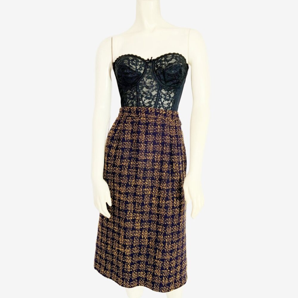 Vintage Navy and Gold Boucle Knit Midi Skirt with Side Seam Slit / Size Medium